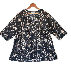 Catherine Top Women 0x Black Beige Lace Floral Natural Open Embroidered Kimono